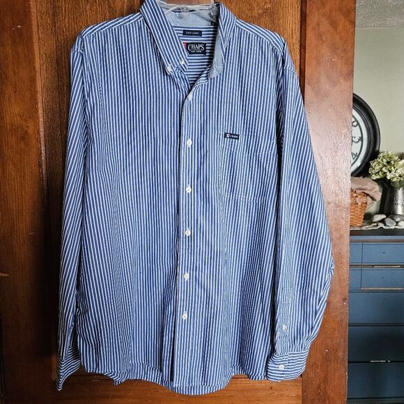 Chaps Mens Blue White Vertical Striped Button Down Shirt Size XL Classic Fit Dad - Picture 1 of 8